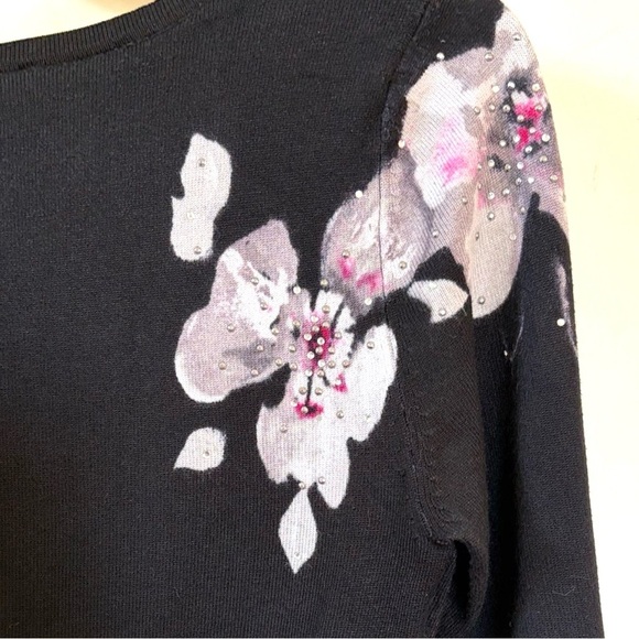White House Black Market XS Black Floral Embellished Cardigan Sweater Top - Picture 8 of 14